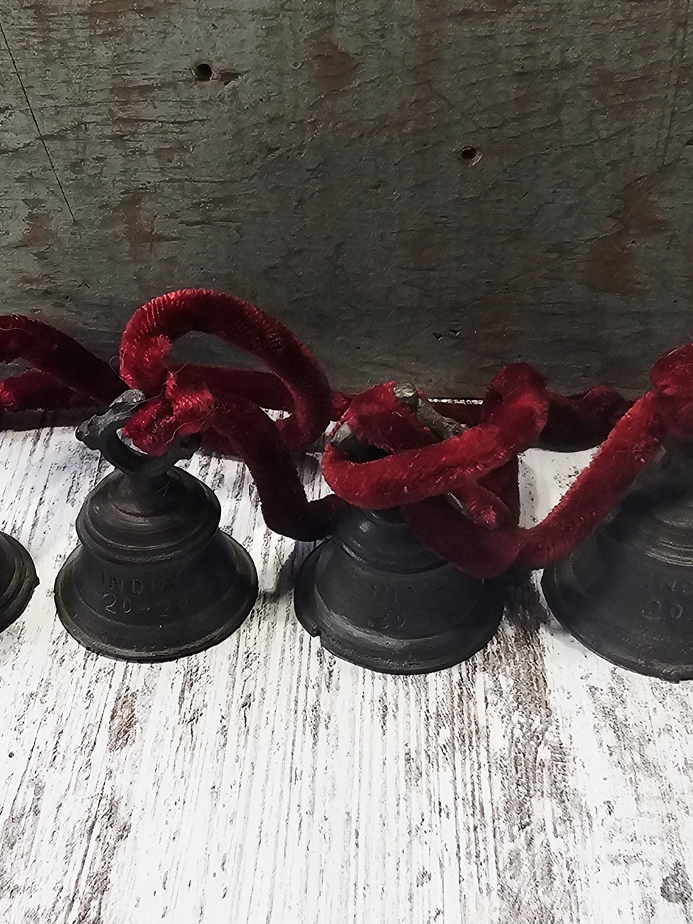Vintage Etched Brass Bells Made in India Red Rope 4 Different Bells